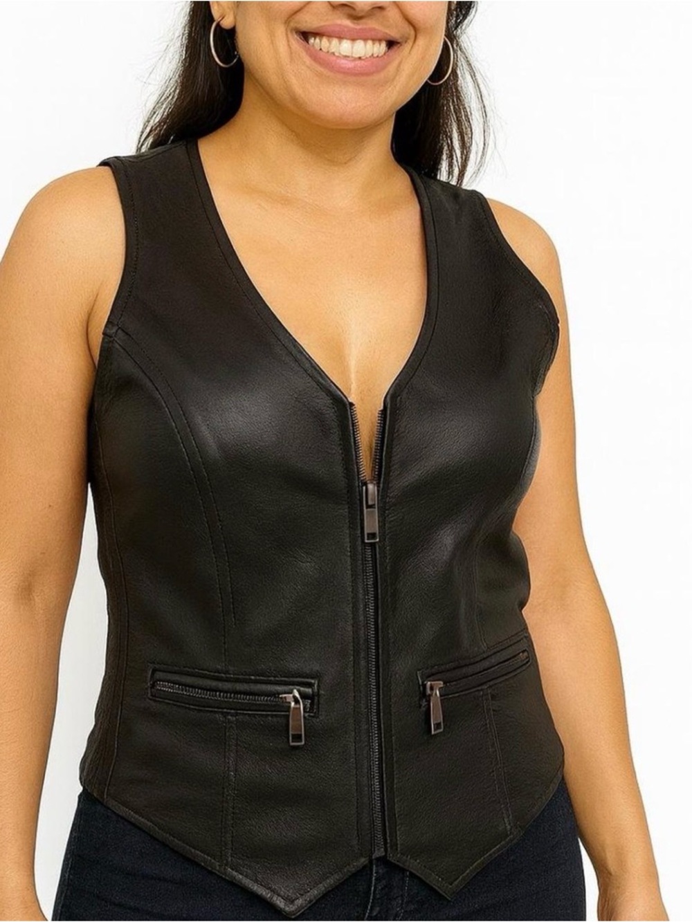 Black Genuine Leather Zip-Front Women's Vest